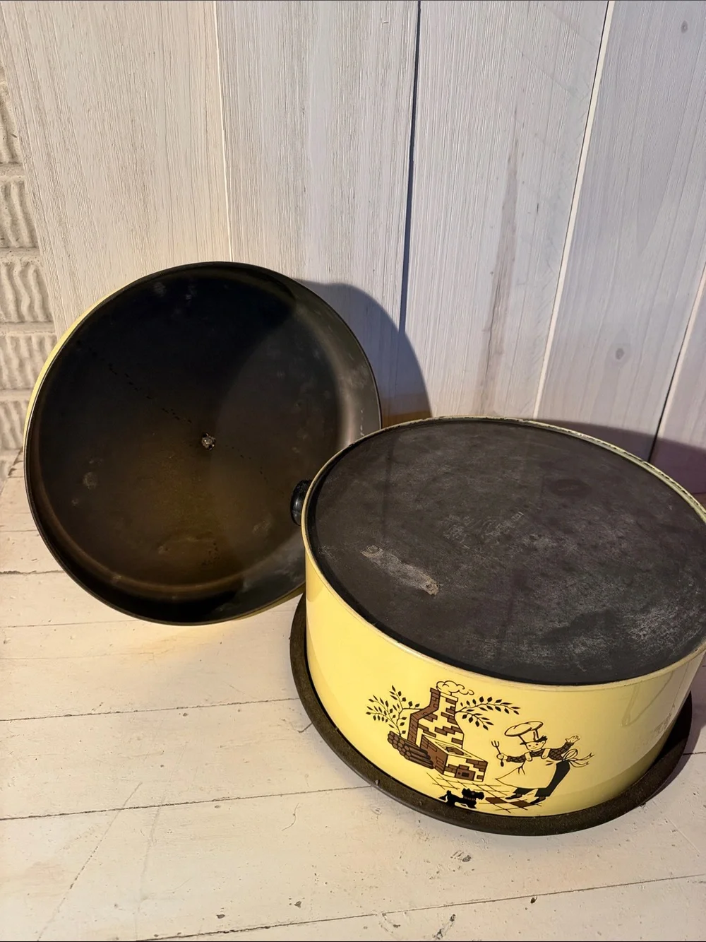 Vintage Metal Cake Carrier with Chef and Dog Illustration